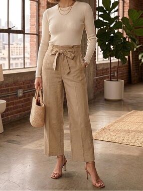 Halston Heritage Paperbag Waist Wide-Leg Pants in Tan